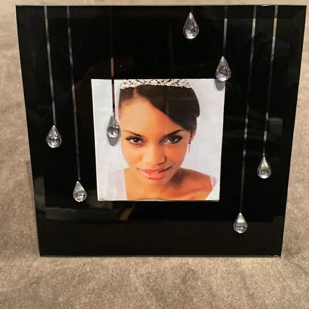 Elegant Black Glass Photo Frame with Silver Detail Easel Back NEW